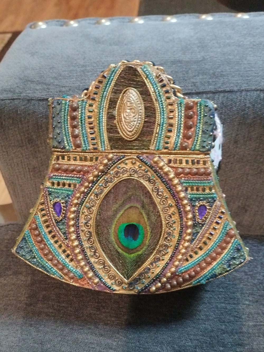 Mary Frances Peacock Feather Beaded Evening Clutch - Teal, Gold, Purple, Brown
